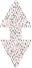 Large group of people silhouette crowded together in arrow direction shape isolated on white background. Vector illustration