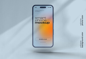 Floating Smartphone Mockup – White Mobile Phone with Warm Gradient Screen on Light Blue Fabric Background – Perfect for App UI Showcase and Branding Design
