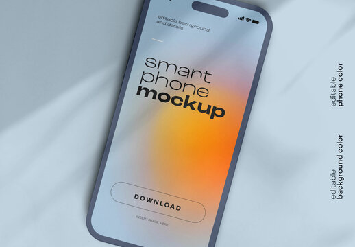 Top View Smartphone Mockup &ndash; White Mobile Phone with Warm Gradient Screen on Soft Blue Fabric Background &ndash; Ideal for App Presentation, Branding, and UI Showcase