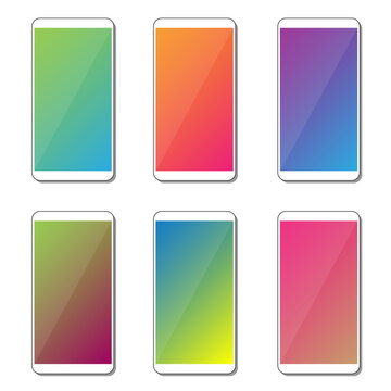 Different Variations Of Vivid Geometrical Pattern Wallpapers Set On Photorealistic Smartphone Screen Isolated On White Background. Set Of Vertical Abstract Backgrounds For Smartphone
