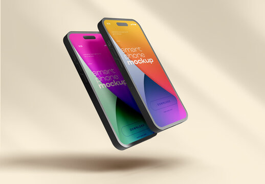Dynamic Smartphone Mockup Scene &ndash; Two Black Mobile Phones with Colorful Gradient Displays on Neutral Beige Background &ndash; Ideal for App Store Showcase and UI/UX Projects