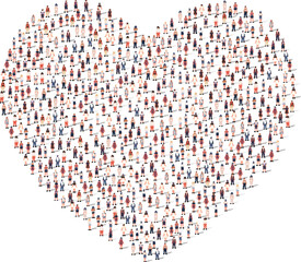 Large group of people silhouette crowded together in heart shape isolated on white background. Vector illustration