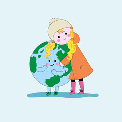 child girl and globe, earth, 
love the world, environment protection, vector