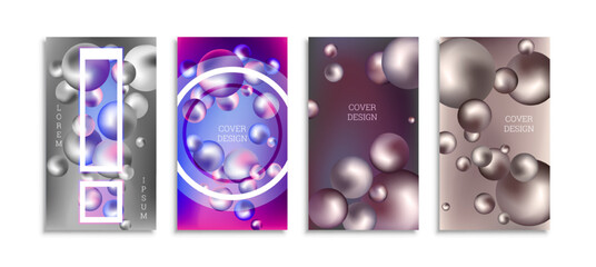 Flying metal balls. Set of 4 cover designs, creative background