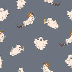 Cute Ghosts in cloth. Halloween scary ghostly monsters. Cartoon spooky characters. Holiday silhouettes. Hand drawn trendy vector seamless pattern. Square background, wallpaper