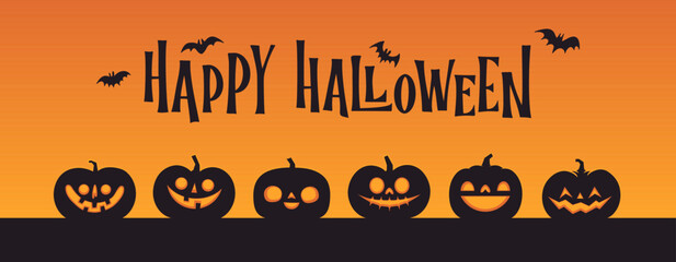 Halloween banner horizontal design with Jack o Lantern carved pumpkins. Simple cartoon spooky design. Trick or treat. © Matias