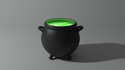 Halloween witchs iron cauldron with toxic green magic liquid, bubbles isolated on white background. 3D render