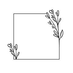 Square botanical frame element with leaves. Simple contour vector illustration.
