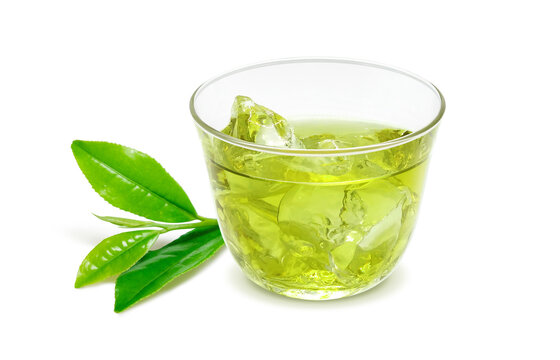 グラス 緑茶 飲み物 イラスト リアル  茶葉あり 氷