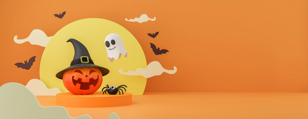 3D Render Happy Halloween Product display stage for presentation banner background. Halloween pumpkin with clouds space