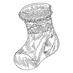 A hand-drawn Christmas sock. New Year black and white sketch isolated illustration on a white background