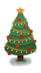 Transparencia. Bonito árbol de navidad decorado con esferas rojas, luces y letras de 