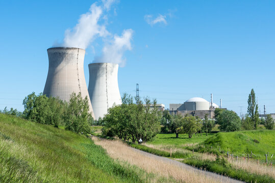 Doel, East - Flanders - Belgium -Cooling towers of the nuclear power reactors with agricultural fields in the foreground