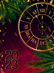 The advent of the New Year 2023 - Stylized clock, fir branches and flying gold foil. Five minutes to midnight. Festive bright banner, cover, postcard or web post