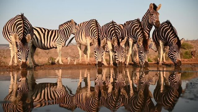 Zebras at a water hole in late evening in South Africa