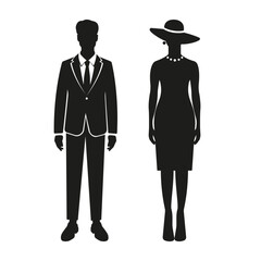 Black silhouettes of an elegant man in a tuxedo with a tie and a woman in a dress and hat with a necklace