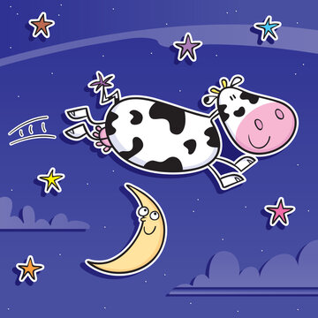 Cute cartoon vector illustration of a happy cow jumping over the moon