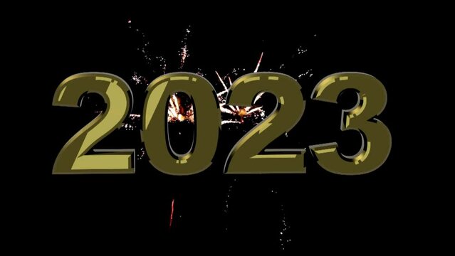New Year 2023 on a black background and fireworks, 3D animation