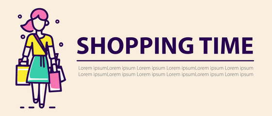 Vector cute woman character carrying shopping bags on color graphic background with mock-up text