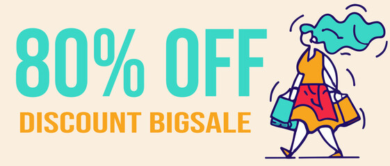 Vector cute woman character carrying shopping bags on color graphic background with mock-up text