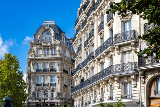 Paris, beautiful building in a luxury neighborhood, typical Haussmann facades

