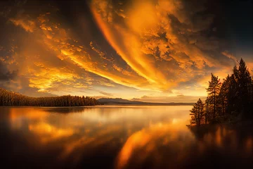 Türaufkleber Insel am See. Herbst. Goldene Wolken spiegeln sich im Wasser. goldene Stunde. Hyperrealistische digitale Malerei. 3D-Darstellung © Katynn