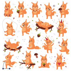 Funny Squirrel Character with Bushy Tail Engaged in Different Activity Vector Set