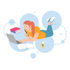 A young girl lies and studies online