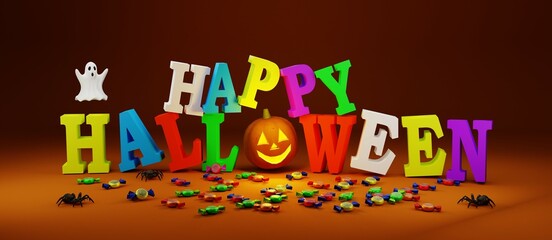 3D illustration, halloween poster, with multicolored letters, pumpkins, spiders and candies on a red background, 3D rendering.