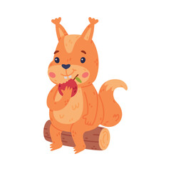 Obraz na płótnie Canvas Funny Squirrel Character with Bushy Tail Sitting on Log and Eating Apple Vector Illustration