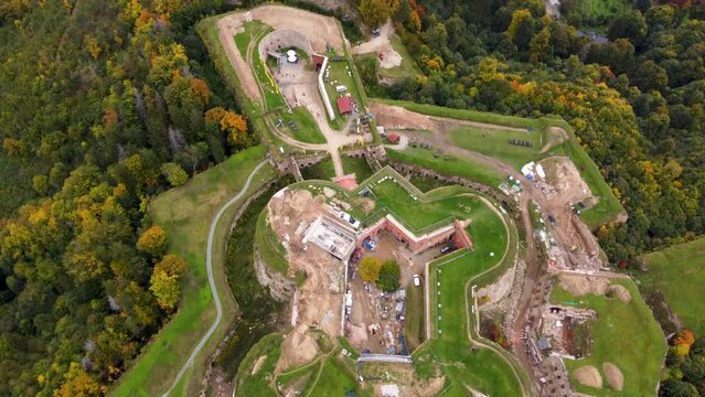 Srebrna Gora fortress with beautiful panorama of Sudety mountains aerial view. Poland.