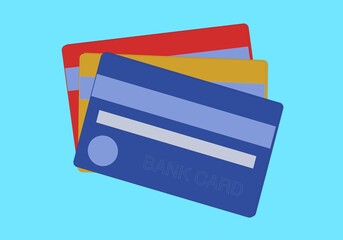 Bank cards of different color in cartoon style on a blue background.