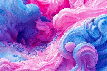 Obraz na płótnie Canvas Spectacular image of blue and bright pink liquid foam churning together, with a realistic texture and great quality. 3d render.