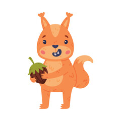 Funny Squirrel Character with Bushy Tail Holding Acorn and Smiling Vector Illustration