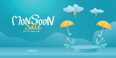 monsoon sale banner with rain background. - obrazy, fototapety, plakaty