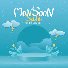 monsoon sale banner with rain background.