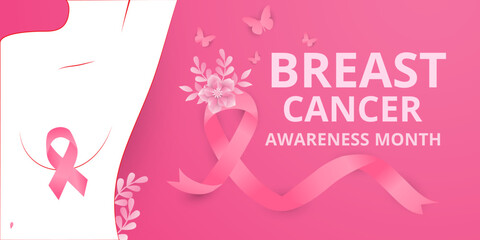Breast cancer awareness month in October. Realistic pink ribbon butterfly woman and flower. Poster  web template Vector illustration.