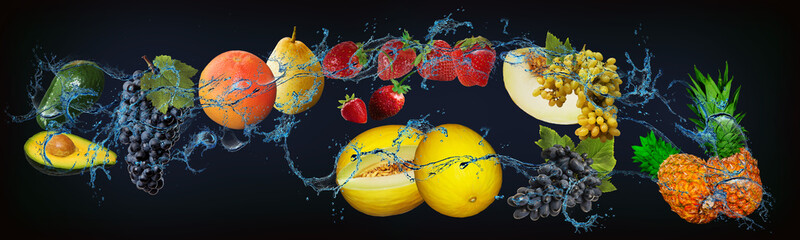 Panorama with fresh fruits in the water - pineapple, grapes, melon, strawberry, pear, grapefruit,...