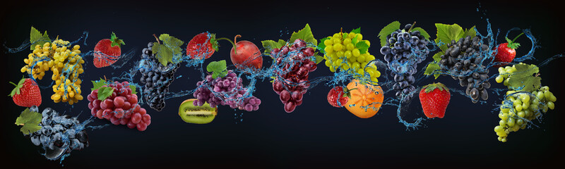 Panorama with fresh fruits in the water - strawberries, grapes, persimmon, plum, kiwi, a delicious...