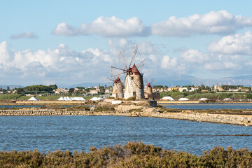 Saline in Marsala, Sicily, Italy Salt flats on a sunny day.
