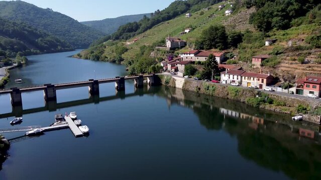 drone aerial view of Belesear and river in Ribeira Sacra. 4K