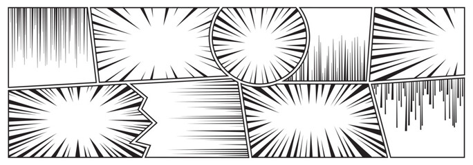 Fototapeta na wymiar Manga effect vector background, comic speed line set, anime action ray, motion frames, radial zoom abstract pattern, black strip explosion. Cartoon illustration