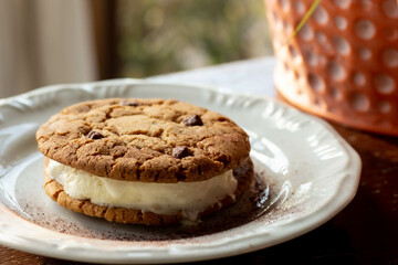 large chocolate chip cookie with vanilla ice cream