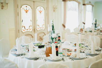 Interior of a restaurant prepared for wedding ceremony