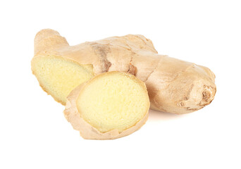 Fresh ginger root on a white background.