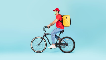 Guy With Yellow Backpack Delivering Food Riding Bike, Blue Background