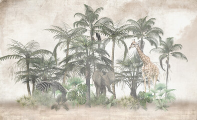 Cute animals among the trees , Kids room wallpaper design - obrazy, fototapety, plakaty