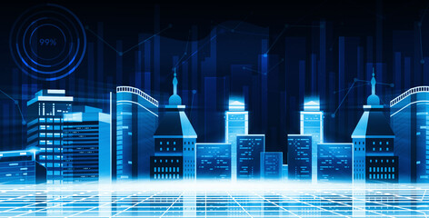 Futuristic Tech city with business signs glowing in the background wallpaper. Modern blue glowing city backdrop design