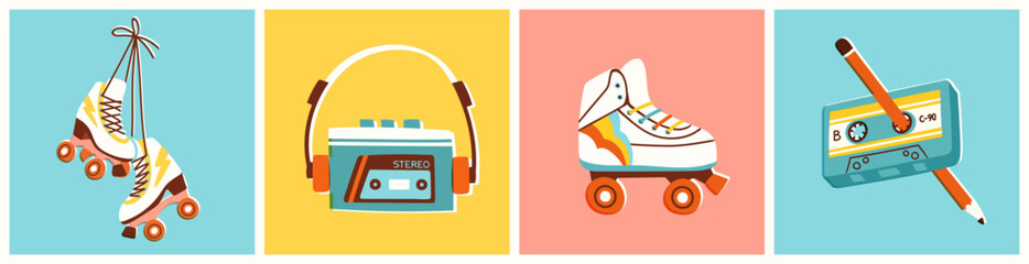 Set of retro items including cassette tapes, portable music player and quad roller skates. Vector illustration of 90s or 80s themed hobbies. Hand drawn elements in colorful vintage style.