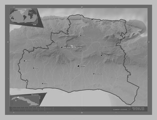 Mayabeque, Cuba. Grayscale. Labelled points of cities